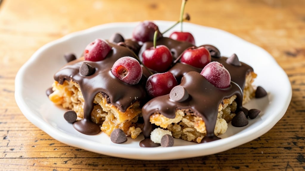 Chocolate Covered Cherry Rice Krispie Treats Recipe: Fudgy Centers and Juicy Cherry Pops