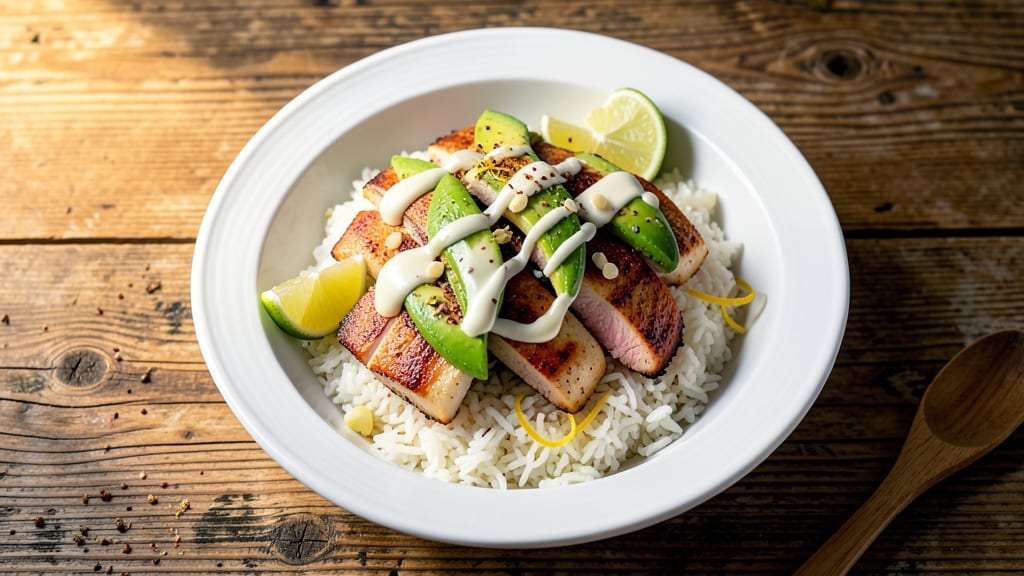 Chicken Avocado Rice Bowl Recipe: Zesty Lime-Creamed Avocado Over Fluffy Grains