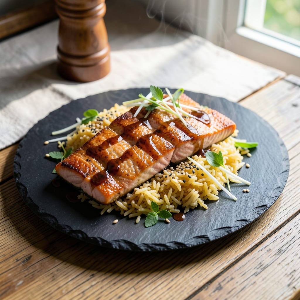 Asian Salmon and Rice Recipe: Ginger-Soy Glaze with Flaky Fish