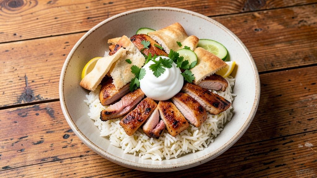 Chicken Gyro Rice Bowl Recipe: Crispy Pita Strips and Tangy Tzatziki Topped