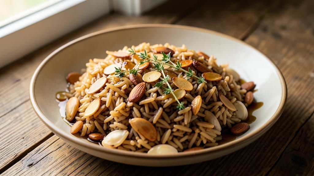 Brown Rice with Almonds Recipe: Crispy Nutty Topping in One-Pan Simplicity