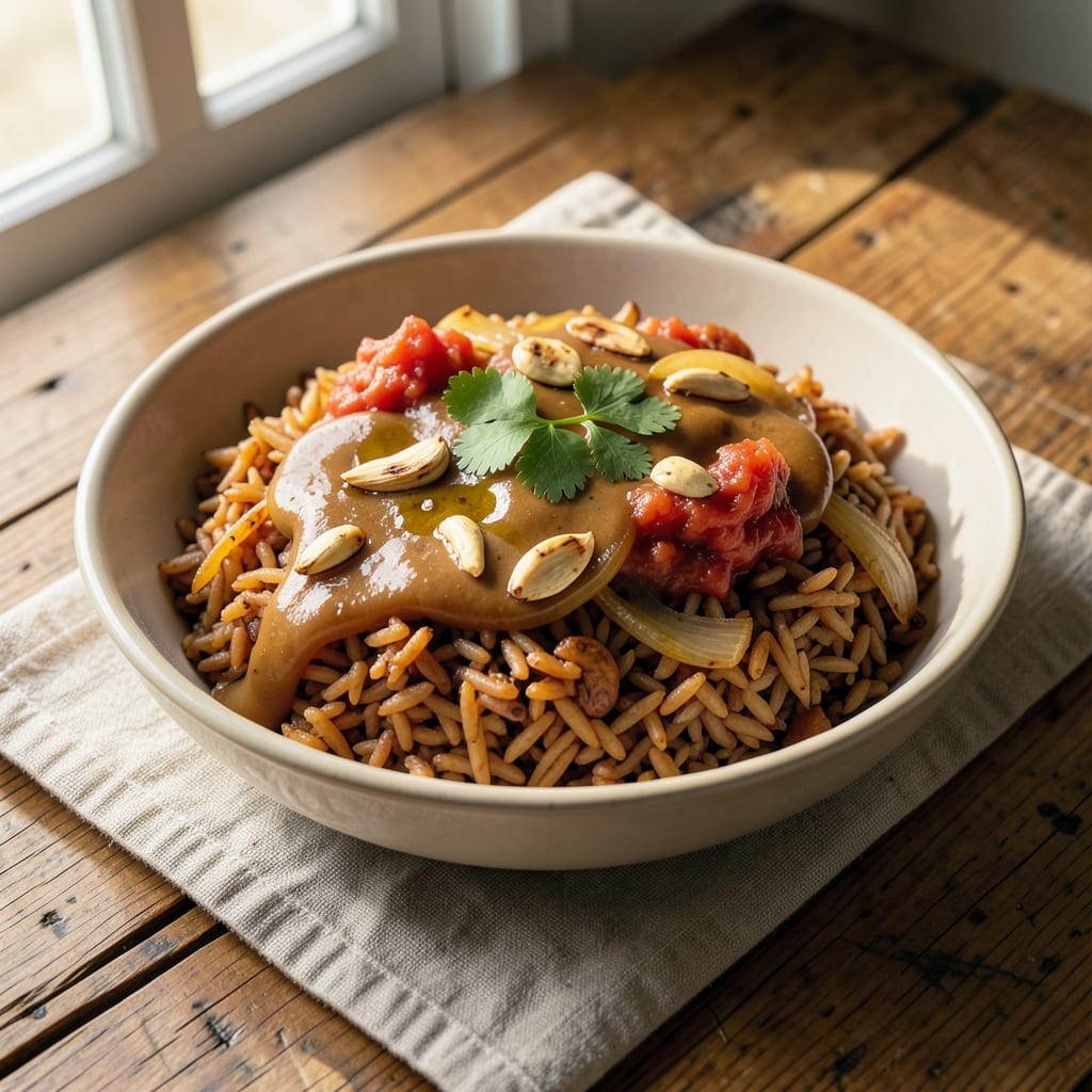African Red Rice Recipe: Smoky Tomato and Peanut Crunch Fusion