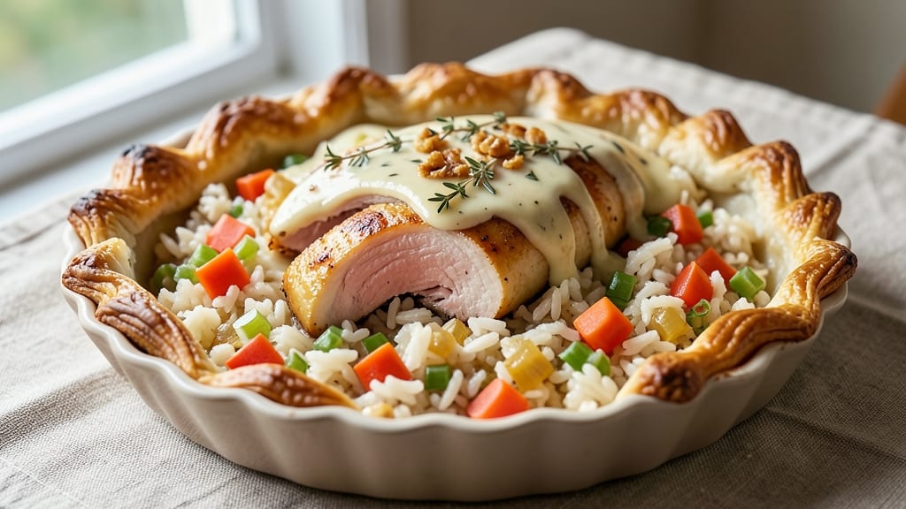 Chicken and Rice Pot Pie Recipe: Flaky Crust Encases Savory Filling