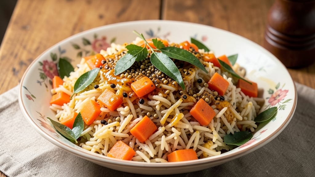 South Indian Carrot Rice Recipe: Fragrant Five-Spice Basmati With Crunchy Topping