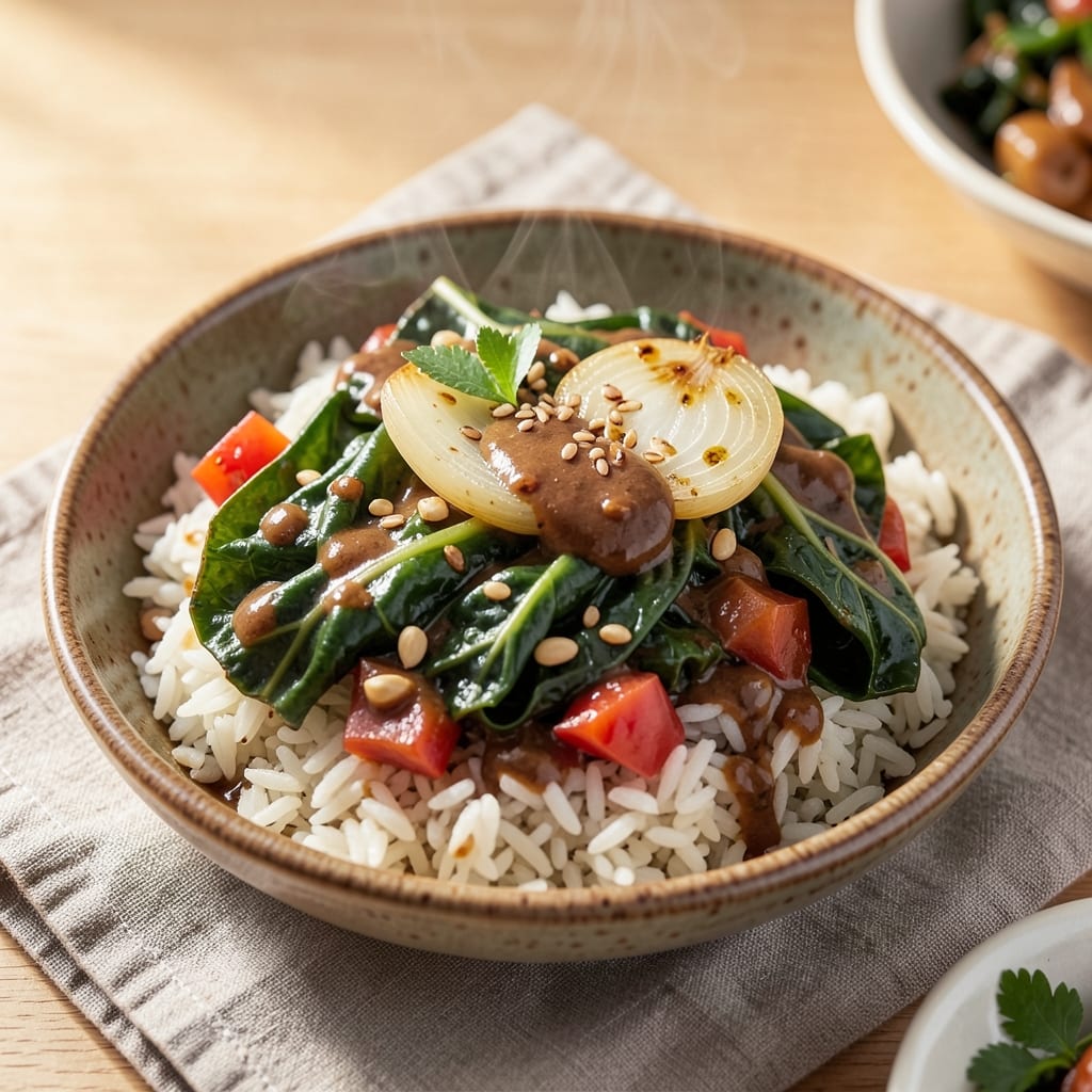 African Collard Greens and Rice Recipe: Smoky Tomato-Braised Greens with Peanut-Spiced Rice
