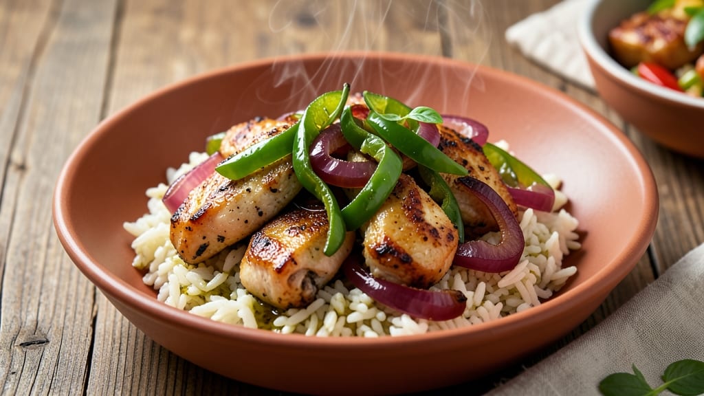 Chicken, Green Peppers, Onions, and Rice Recipe: One-Pan Sizzling Medley
